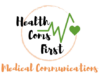 Logo with heartbeat and green hreat saying HealthComsFirst Medical communications